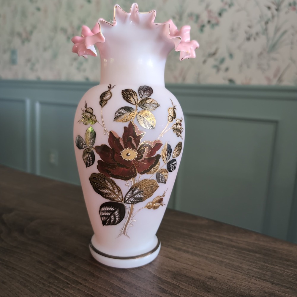 Vintage Bristol Vase Hand Painted Satin Glass Pink Floral Ruffled Rim Gold Gilt